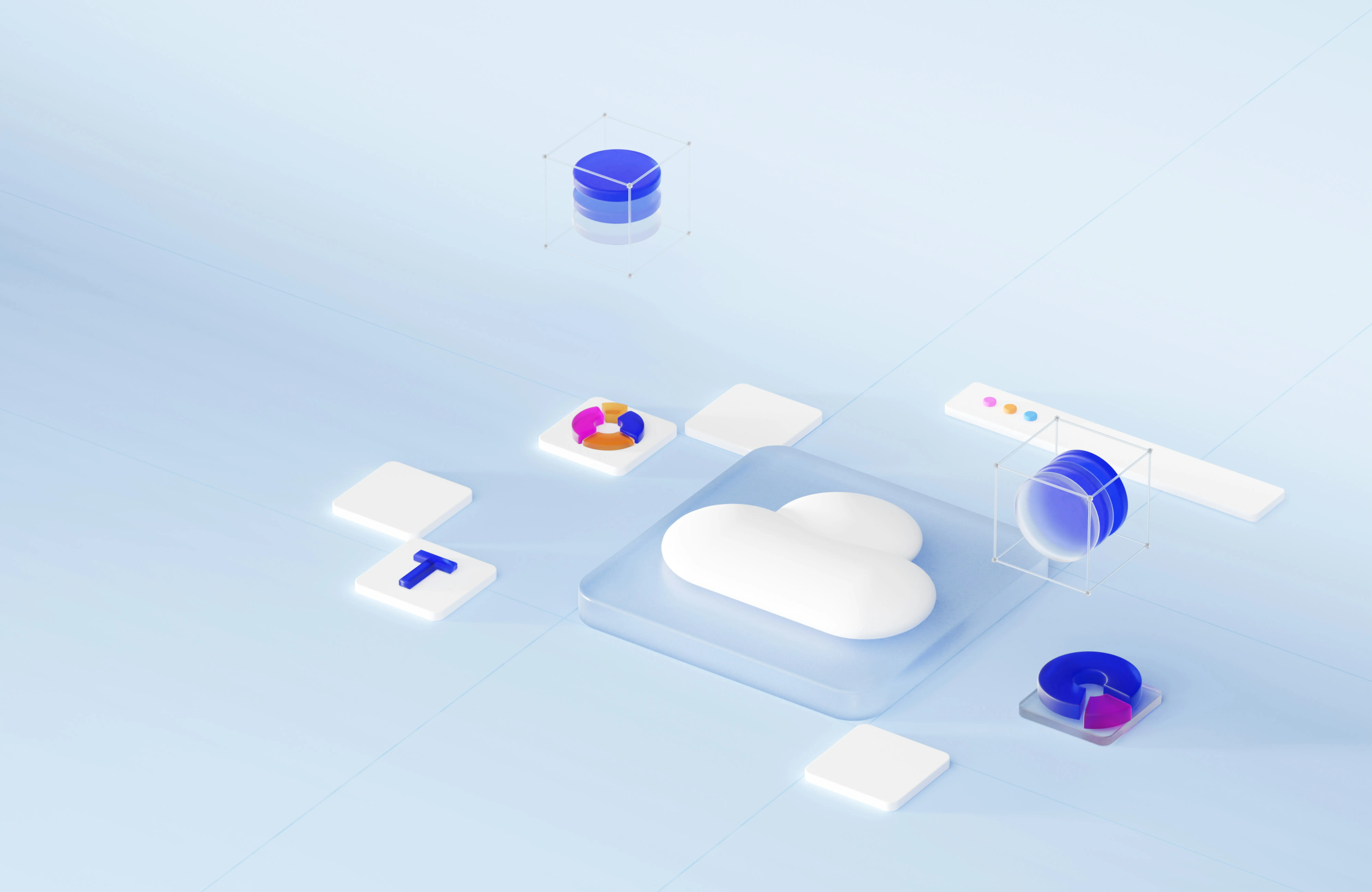Ilustración 3D con iconos de servicios cloud flotando sobre fondo azul claro